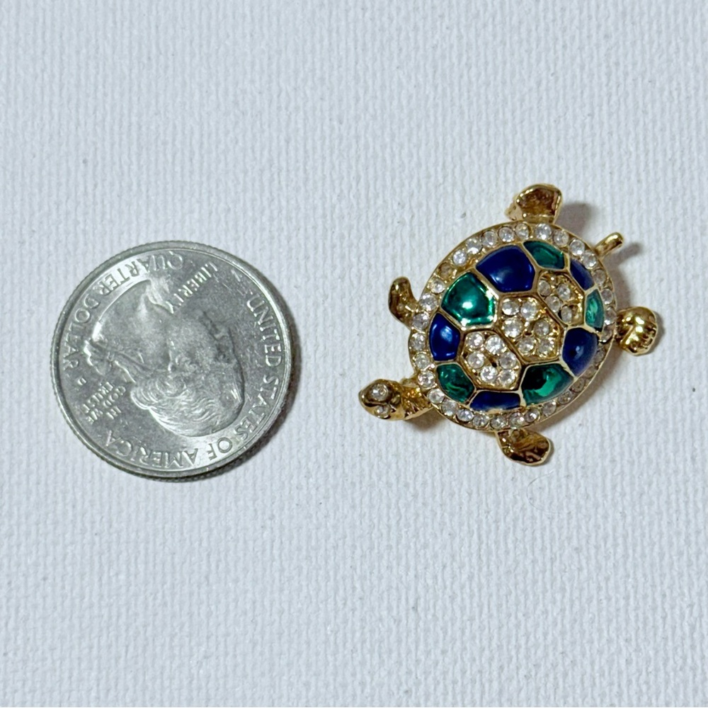 Vintage Gold Tone Enamel & Rhinestone Turtle Brooch Pin - Picture 3 of 11